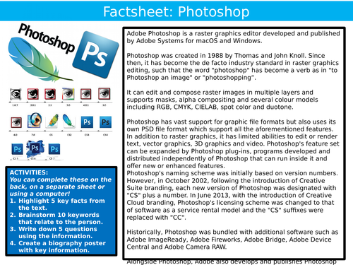 Adobe Photoshop Factsheet Worksheet ICT Computing Starter Keywords Activity Keywords KS3 GCSE Cover