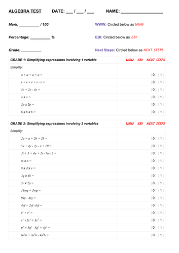 Algebra skills revision / test - Simplifying, expanding, factorising (GCSE Maths 9-1)