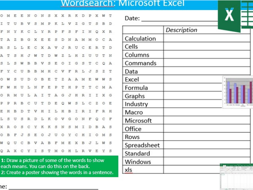 Microsoft Excel Wordsearch ICT Computing Starter Keywords Activity Keywords KS3 GCSE Cover