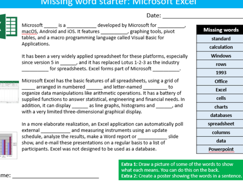 Microsoft Excel Missing Words Cloze ICT Computing Starter Keywords Activity Keywords KS3 GCSE Cover