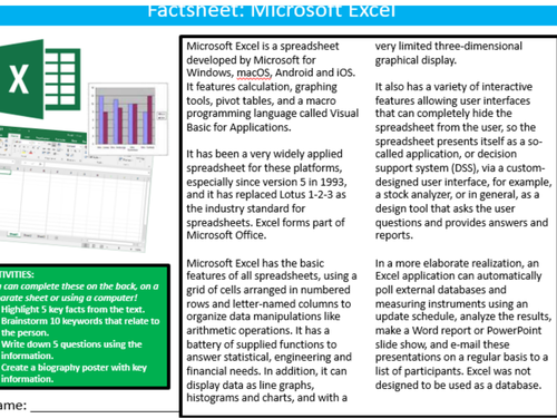 Microsoft Excel Factsheet Worksheet ICT Computing Starter Keywords Activity Keywords KS3 GCSE Cover