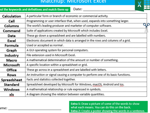 Microsoft Excel Cut and Stick Matchup ICT Computing Starter Keywords Activity KS3 GCSE Cover