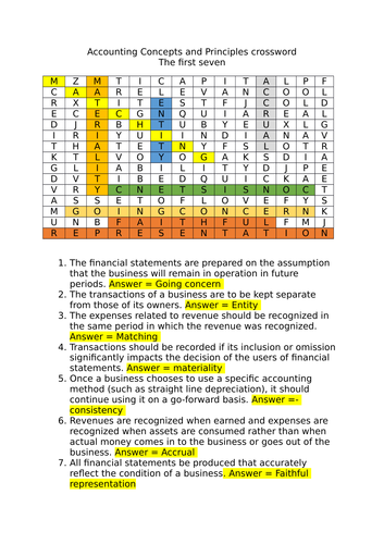 Accounting Concepts and Principles crossword of 7 key terms Q and A for