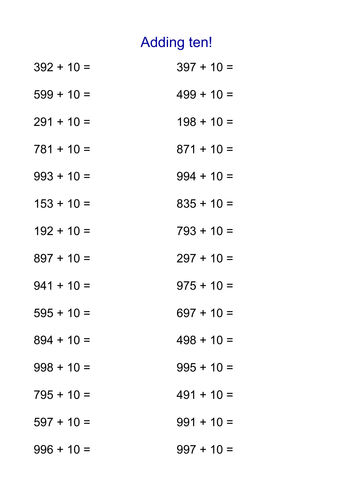 Adding 10 To 3 Digit Numbers Focus On Crossing 100s And 1000 