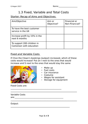 9-1 New Edexcel GCSE Business 1.3 Fixed, Variable and Total Costs Lesson