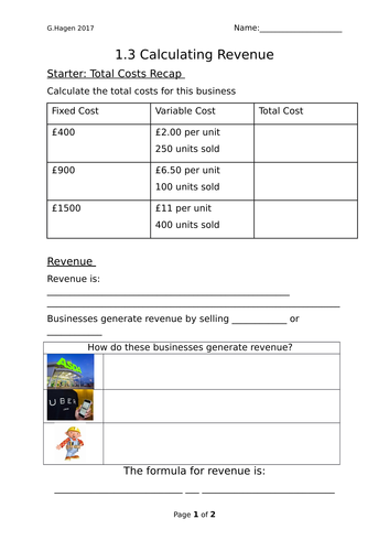 9-1 New Edexcel GCSE Business 1.3 Calculating Revenue Lesson