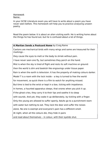Unseen poetry practice homework / lesson / worksheet