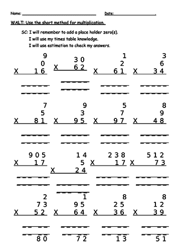 Multiplication review (or lesson worksheet) with greater depth questions.