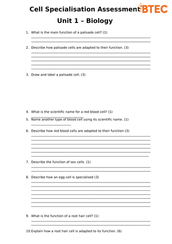 (NEW) BTEC L3 Nationals in Applied Science - Unit 1 Biology - Cell specialisation assessment