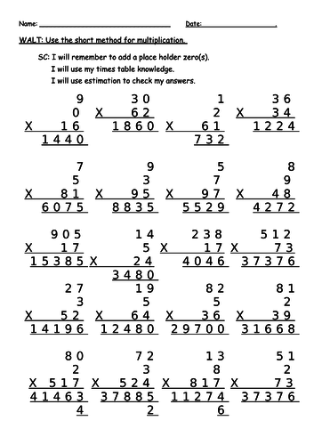Multiplication review (or lesson worksheet) with greater depth questions WITH ANSWERS.