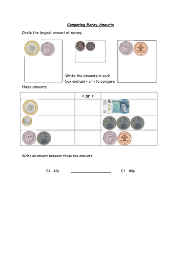 Comparing Money Amounts Year 2