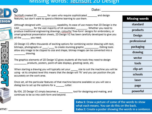 Techsoft 2D Design Missing Words Cloze Technology Starter Keywords Activity Keywords KS3 GCSE Cover