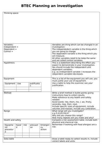 (NEW)BTEC L3 Nationals in Applied Science - Planning an investigation - Plan help sheet