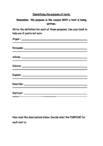 Identifying purpose worksheet or cover lesson