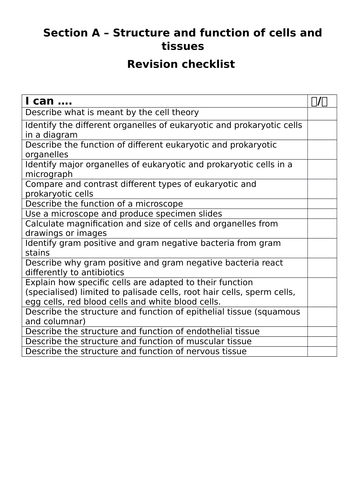 (NEW) BTEC L3 Nationals in Applied Science - Unit 1 Biology Revision check sheet