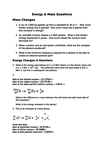 AQA A Level Physics - Energy and Mass