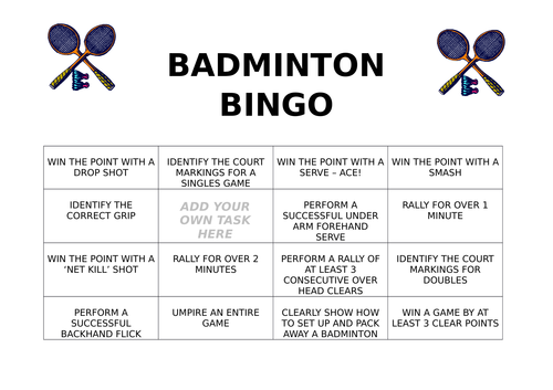 Badminton Bingo Task Card