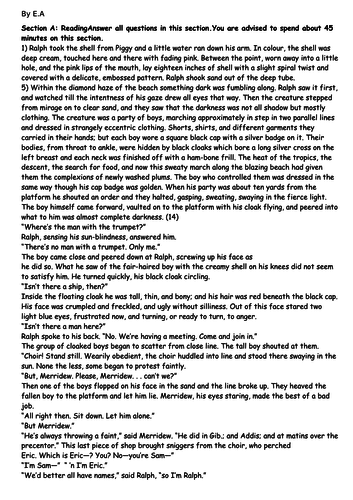 Lord of the Flies New specification English Language exam style Edexcel Paper 1 Worksheet / Activity