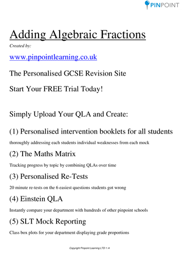 Adding Algebraic Fractions GCSE worksheet | Teaching Resources