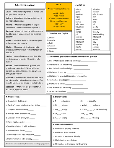 KS3 French - Adjectives (vocab builder , find someone who, boardgame and sentence builder)