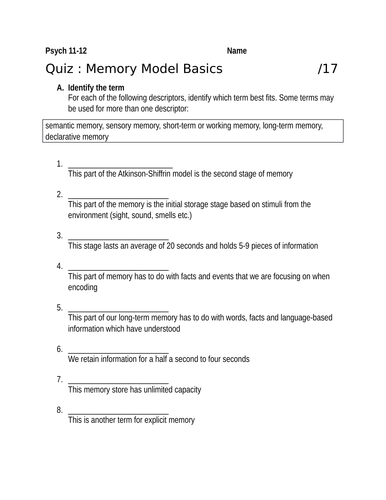 Psych Quiz on Multistore Model and Working Memory Model
