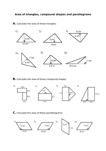 Area Of Triangles Parallelograms Compound Shapes Teaching Resources