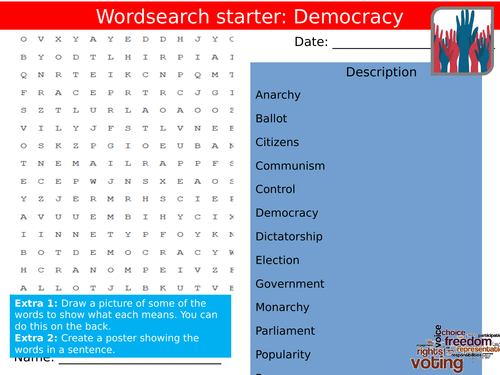 8 x DEMOCRACY Starter Activities British Values PSHE Keywords KS3 GCSE Wordsearch Crossword Cloze