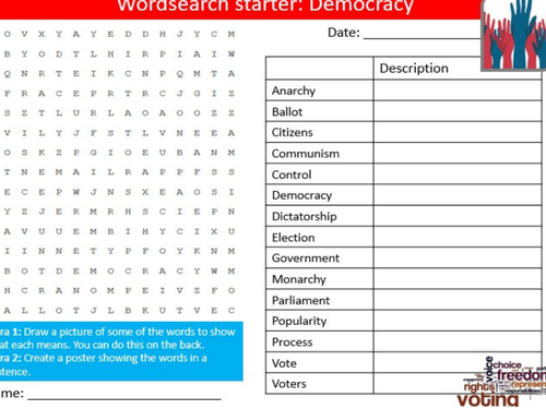 Democracy Wordsearch British Values PSHE Starter Keywords Activity KS3 GCSE Cover Homework
