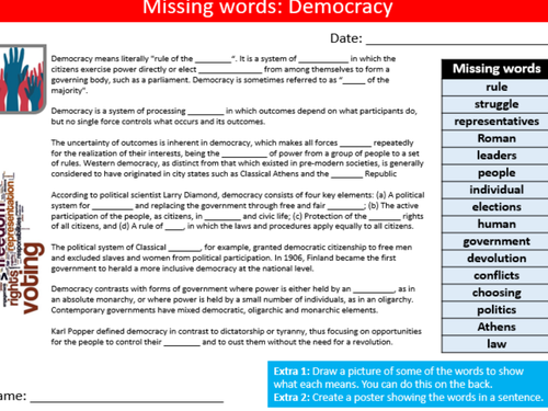 Democracy Missing Words Cloze British Values PSHE Starter Keywords Activity KS3 GCSE Cover Homework