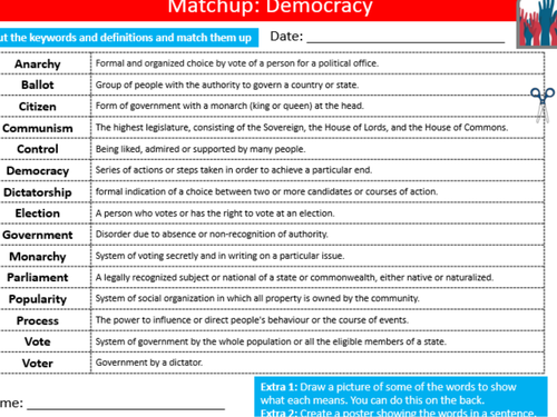 Democracy Definition Matchup British Values PSHE Starter Keywords Activity KS3 GCSE Cover Homework
