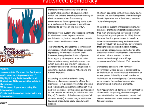 Democracy Factsheet Worksheet British Values PSHE Starter Keywords Activity KS3 GCSE Cover Homework