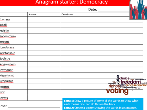 Democracy Anagram Sheet  British Values PSHE Starter Keywords Activity KS3 GCSE Cover Homework