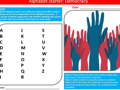 Democracy Alphabet Analyser British Values PSHE Starter Keywords Activity KS3 GCSE Cover Homework