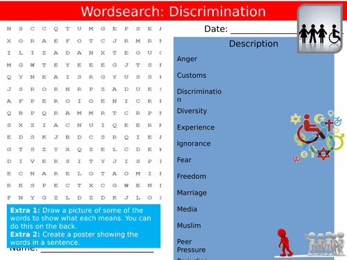 8 x DISCRIMINATION Starter Activities British Values PSHE KS3 GCSE Wordsearch Crossword Cloze