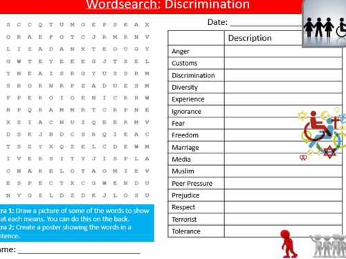 Discrimination Wordsearch British Values PSHE Starter Keywords Activity KS3 GCSE Cover Homework