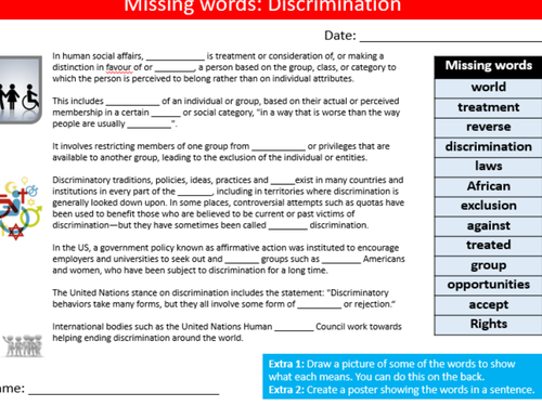 Discrimination Missing Words Cloze British Values PSHE Keywords Activity KS3 GCSE Cover Homework