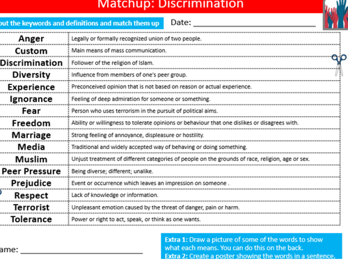 Discrimination Definition Matchup British Values PSHE Keywords Activity KS3 GCSE Cover Homework