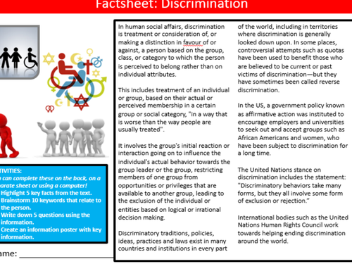 Discrimination Factsheet British Values PSHE Starter Keywords Activity KS3 GCSE Cover Homework