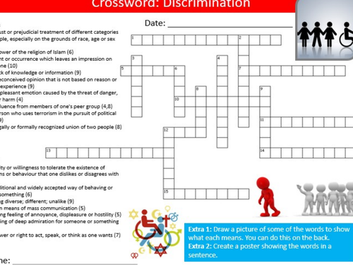 Discrimination Crossword British Values PSHE Starter Keywords Activity KS3 GCSE Cover Homework