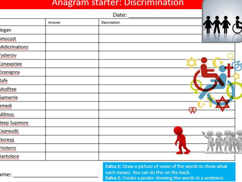 Discrimination Anagrams British Values PSHE Starter Keywords Activity KS3 GCSE Cover Homework