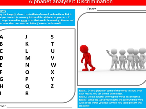 Discrimination Alphabet Analyser British Values PSHE Keywords Activity KS3 GCSE Cover Homework