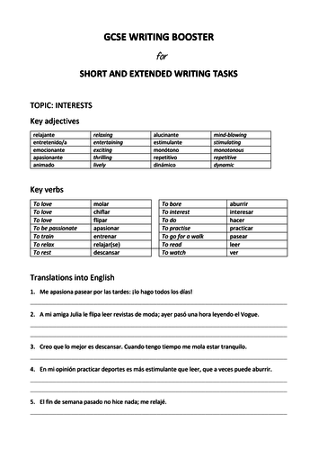 GCSE Writing Booster - Topic: Interests