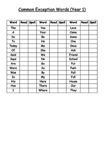Year 1 Common Exception Words Ticksheet