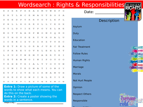 8 x RIGHTS & RESPONSIBILITIES Activities British Values PSHE KS3 GCSE Wordsearch Crossword Cloze