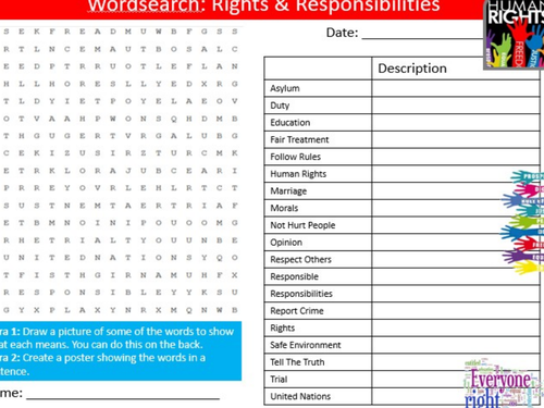 Rights & Responsibilities Wordsearch British Values PSHE Keywords Activity KS3 GCSE Cover Homework