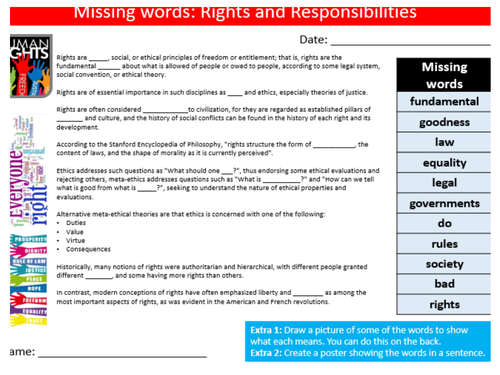 Rights & Responsibilities Missing Words Cloze British Values PSHE Activity KS3 GCSE Cover Homework