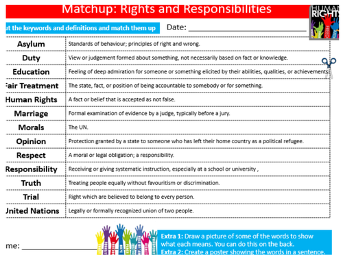Rights & Responsibilities Matchup British Values PSHE Keywords Activity KS3 GCSE Cover Homework
