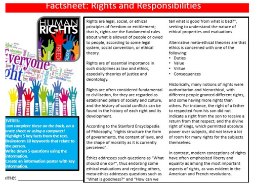 Rights & Responsibilities Factsheet British Values PSHE Keywords Activity KS3 GCSE Cover Homework