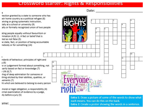 Rights & Responsibilities Crossword British Values PSHE Keywords Activity KS3 GCSE Cover Homework