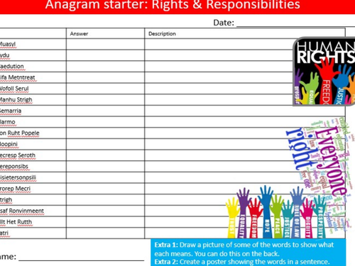 Rights & Responsibilities Anagrams British Values PSHE Keywords Activity KS3 GCSE Cover Homework